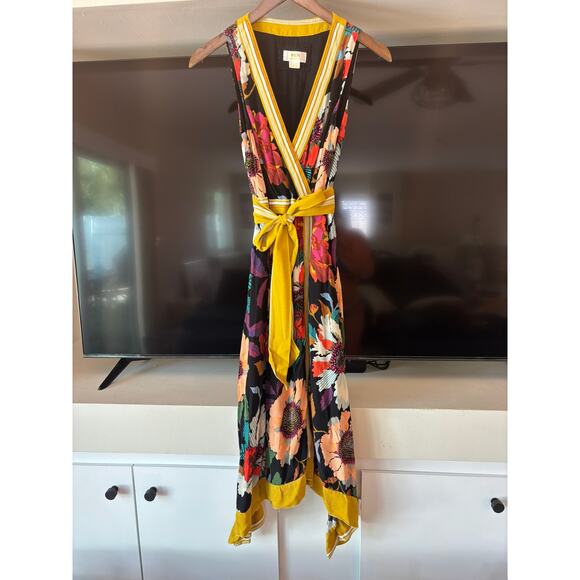 Maeve Anthropologie Vintage Floral Wrap Midi Dress Yellow Trim Size 0 XS - Picture 2 of 13